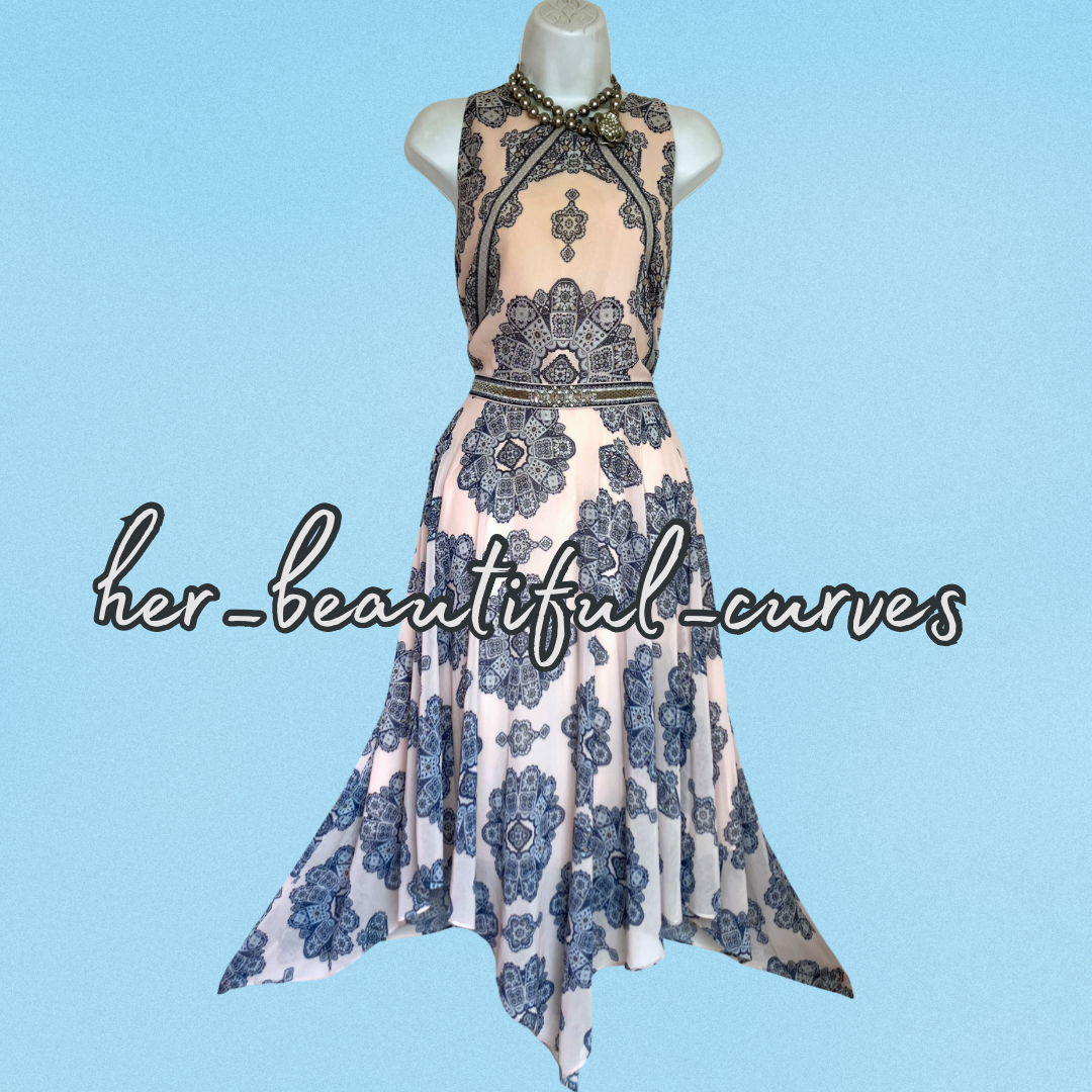 MONSOON HERITAGE PRINT HANDKERCHIEF HEM OCCASION PARTY DRESS SIZE 16