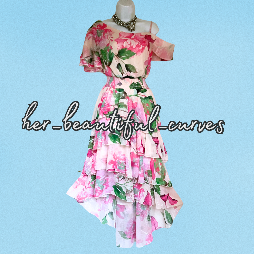 QUIZ ONE SHOULDER FLORAL SHIMMERING THREADS HI LOW PARTY DRESS SIZE 18
