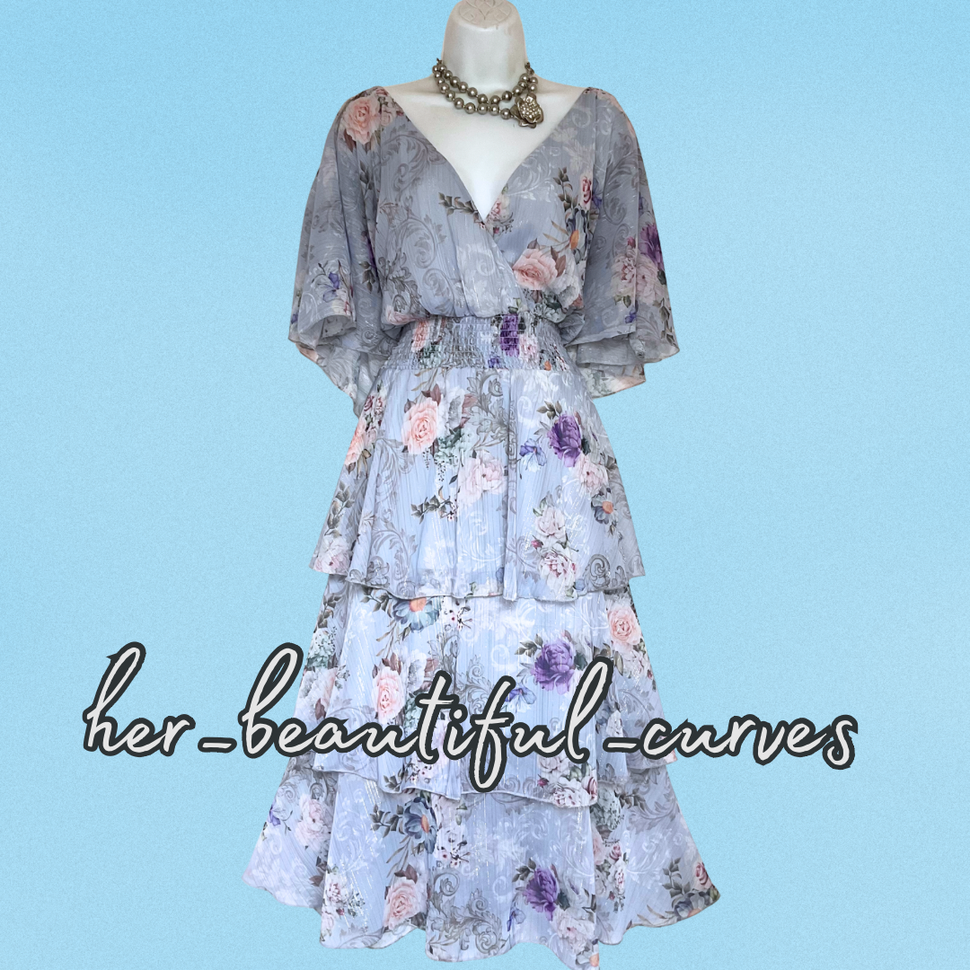 QUIZ FLORAL PRINT GLITTERING THREADS TIERED MIDI OCCASION PARTY DRESS SIZE 26