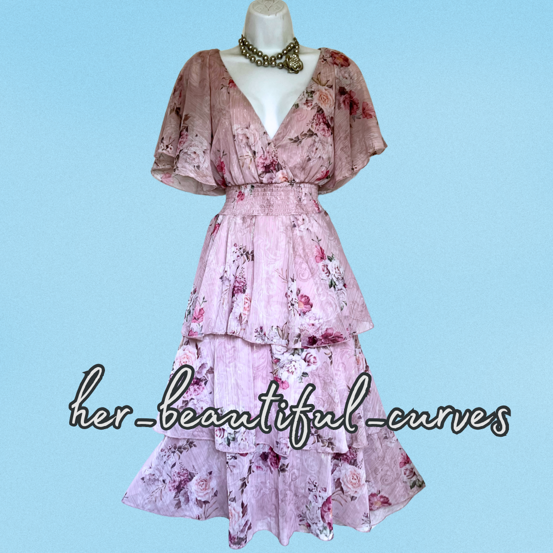 QUIZ FLORAL PRINT GLITTERING THREADS TIERED MIDI OCCASION PARTY DRESS SIZE 16