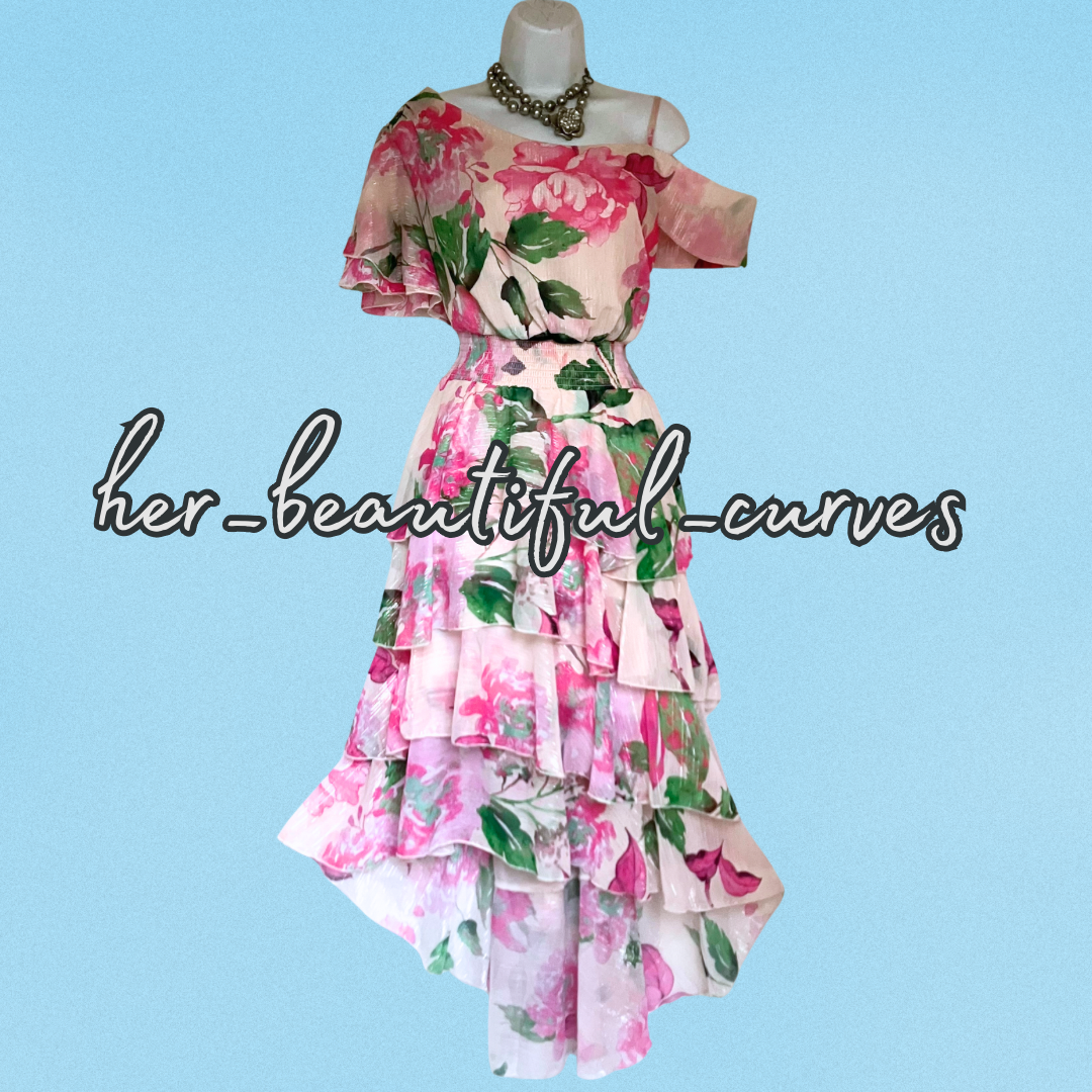 QUIZ ONE SHOULDER FLORAL SHIMMERING THREADS HI LOW PARTY DRESS SIZE 18