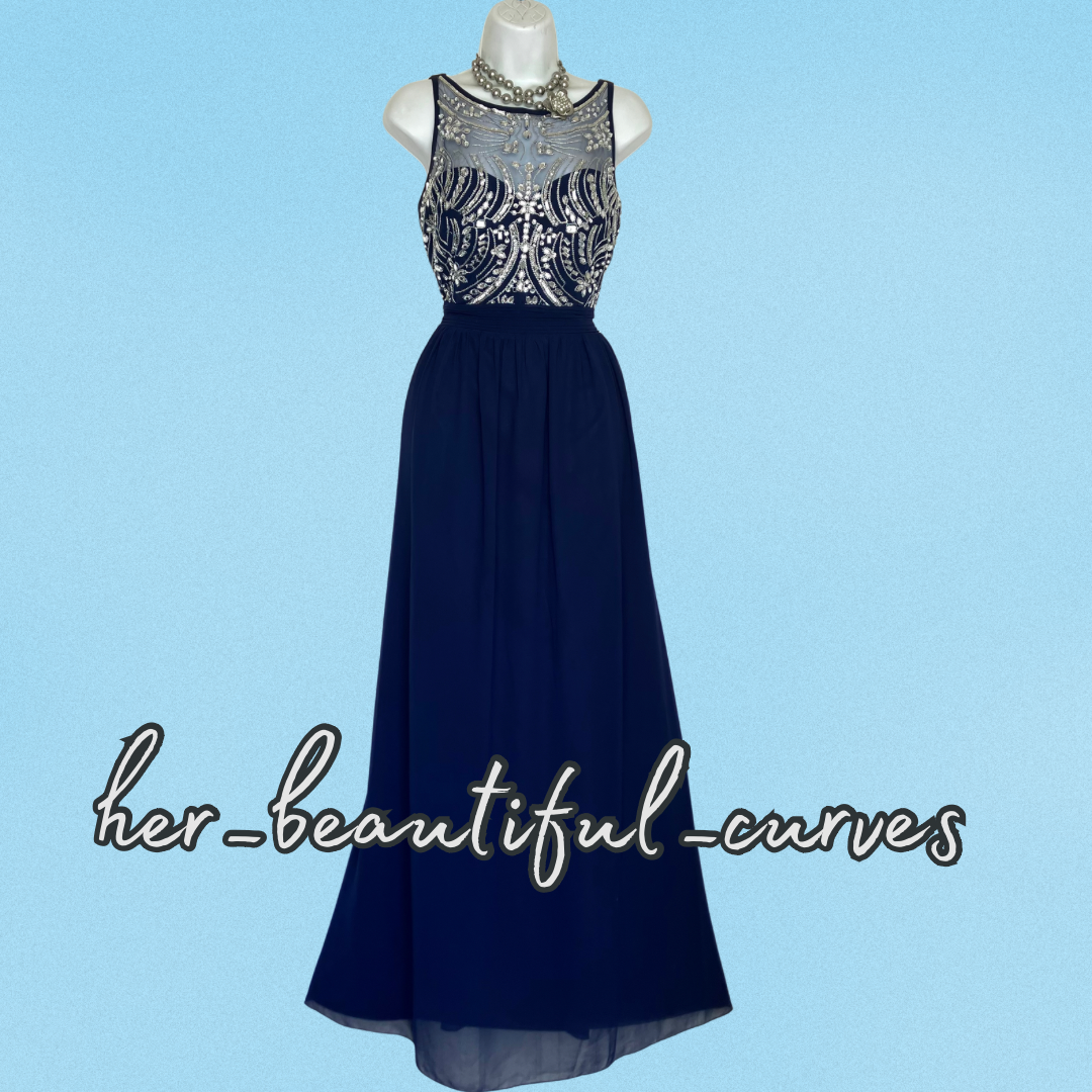 QUIZ RICH NAVY SHIMMERING SILVER EMBROIDERIES & BEADS MAXI EVEING DRESS SIZE 18