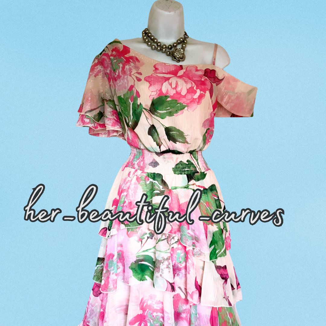 QUIZ ONE SHOULDER FLORAL SHIMMERING THREADS HI LOW PARTY DRESS SIZE 18