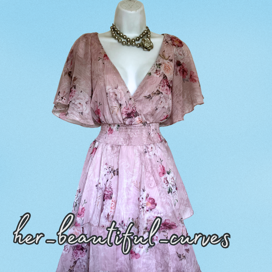 QUIZ FLORAL PRINT GLITTERING THREADS TIERED MIDI OCCASION PARTY DRESS SIZE 16