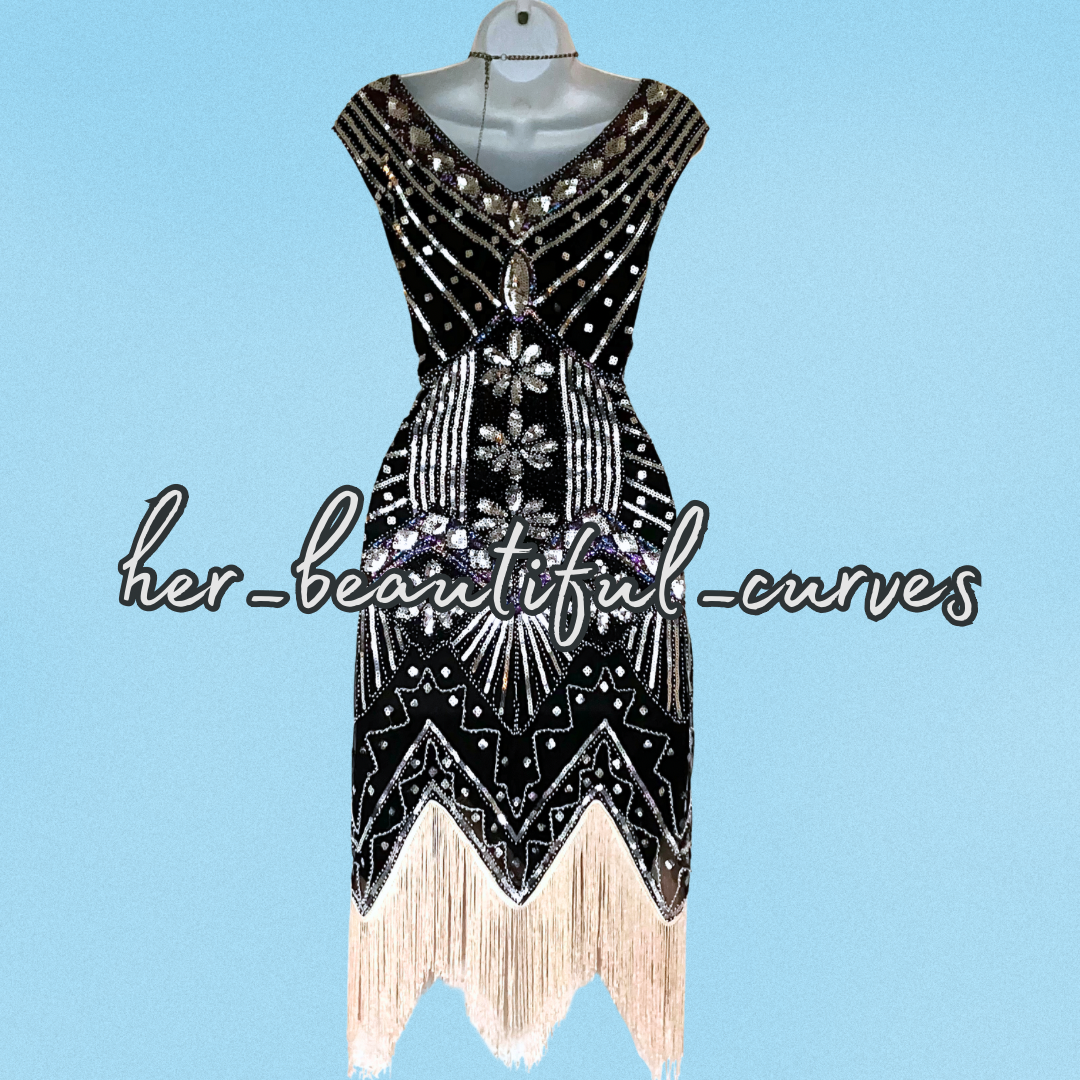 LADIES SEQUINS BEADS 20s GATSBY OCCASION PARTY DRESS SIZE XL FITS 12/14
