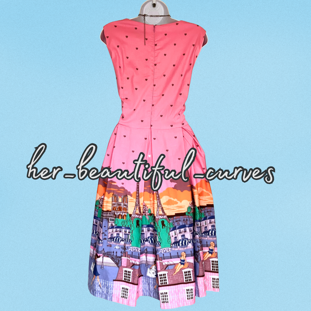 LINDY BOP PINK PARIS PRINT VINTAGE STYLE OCCASION PARTY DRESS SIZE 18 fits 16