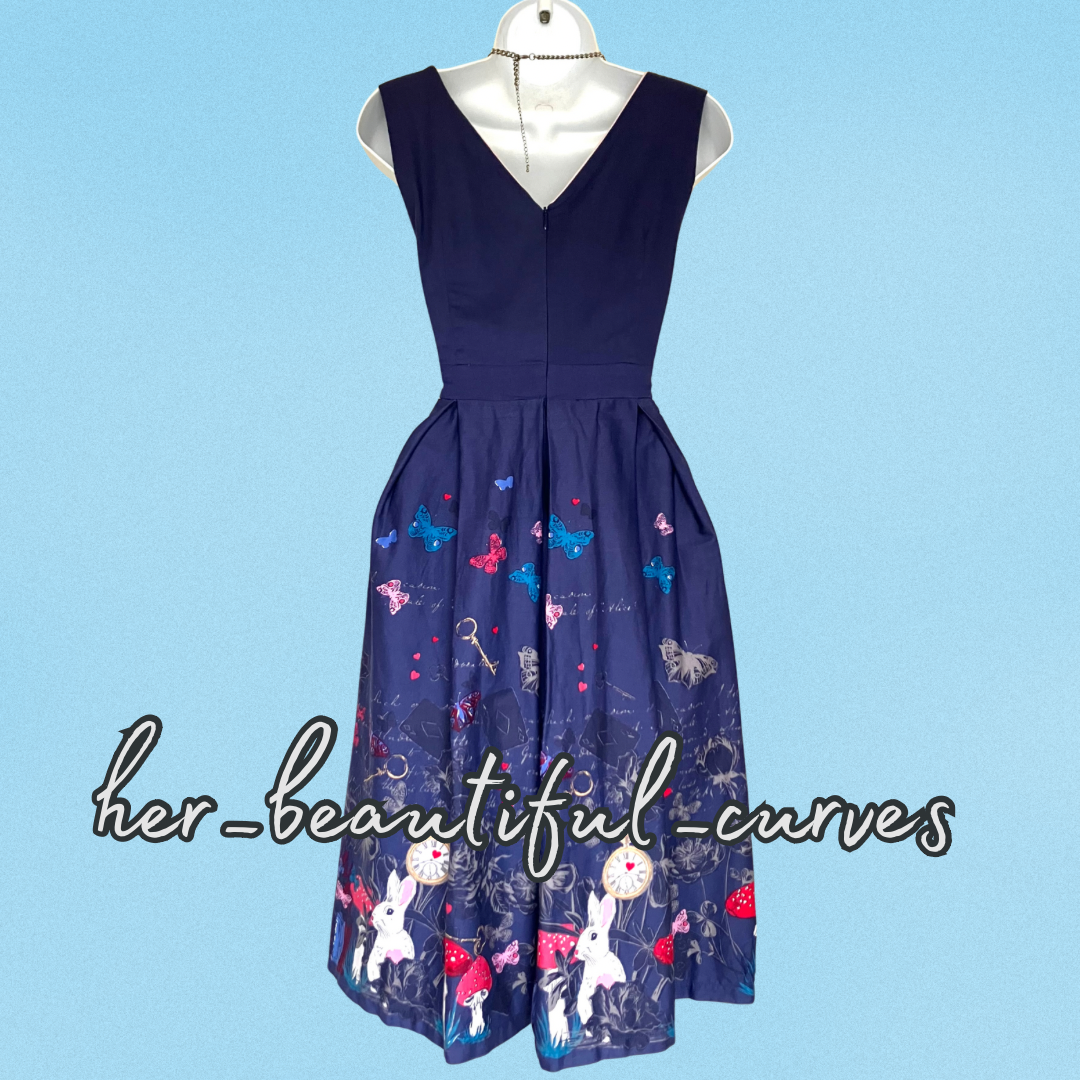 LINDY BOP ALICE IN WONDERLAND PRITN VINTAGE STYLE OCCASION PARTY DRESS SIZE 12