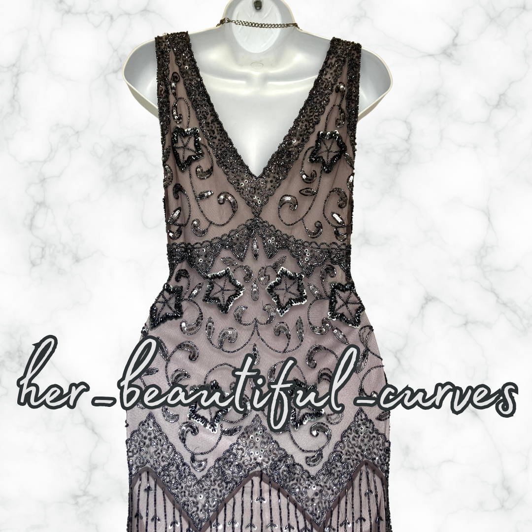 PISARRO NIGHTS SEQUINED BEADED EMBELLISHED OCCASION EVEING DRESS SIZE 18 fits 16