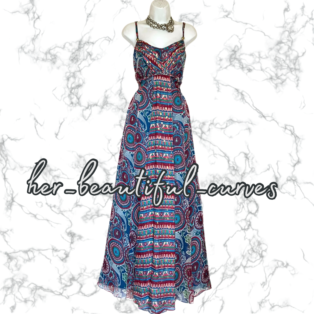MONSOON ART DECO PEACOCK PRINT MAXI OCCASION PARTY DRESS SIZE 16 fits 14