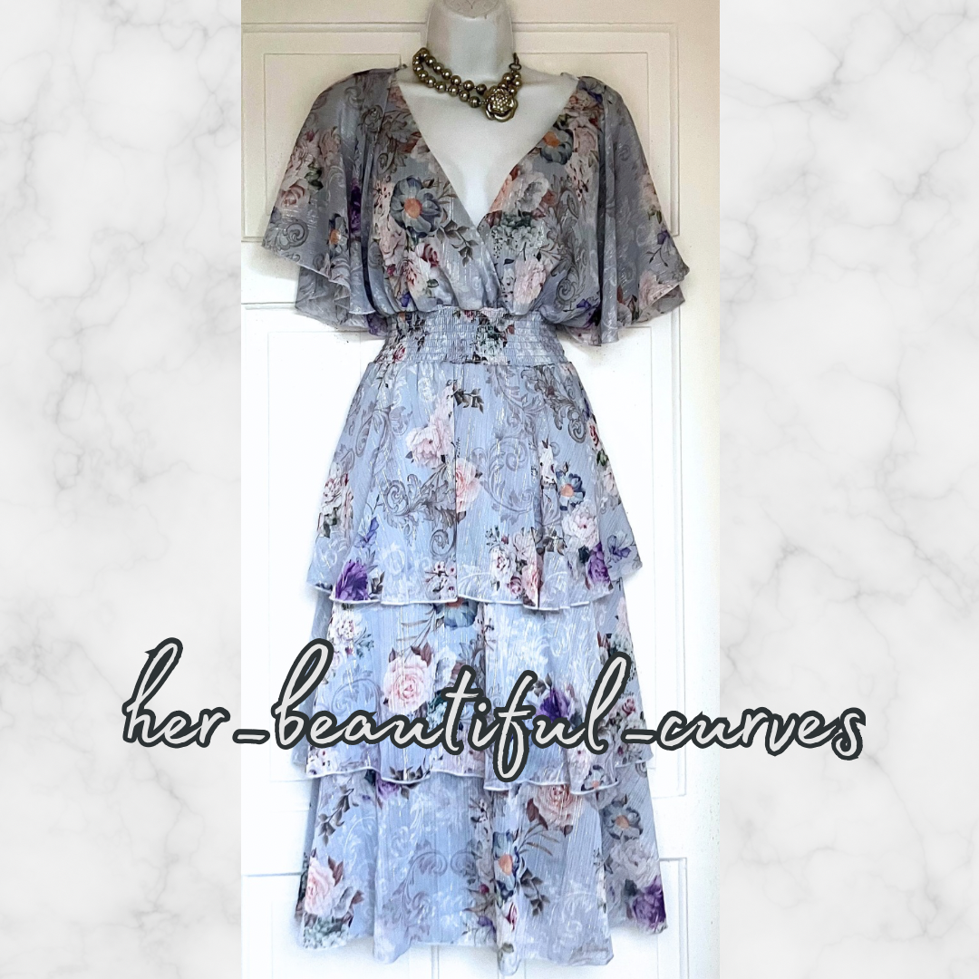 QUIZ FLORAL PRINT GLITTERING THREADS TIERED MIDI OCCASION PARTY DRESS SIZE 14