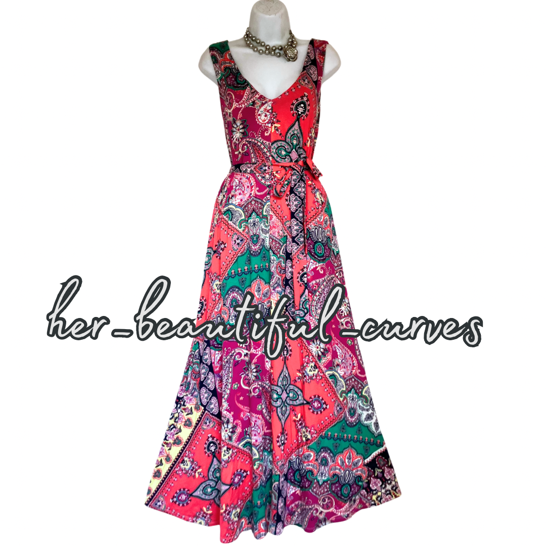 MINSOON PAISLEY HERITAGE JERSEY WEDDING OCCASION PARTY DRESS SIZE L fits 16/18