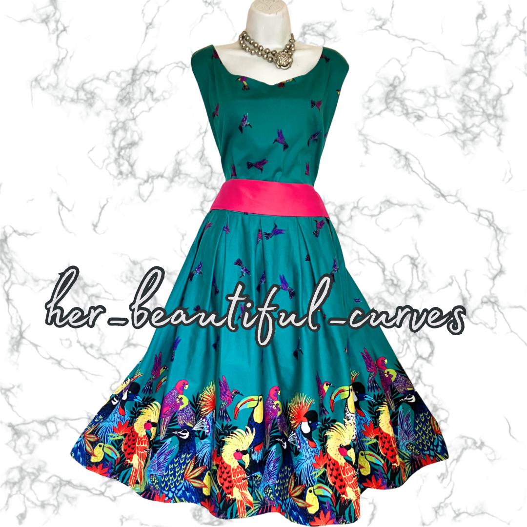 LINDY BOP TROPICAL BIRDS PATTERN 50s VINTAGE STYLE OCCASION PARTY DRESS SIZE 24