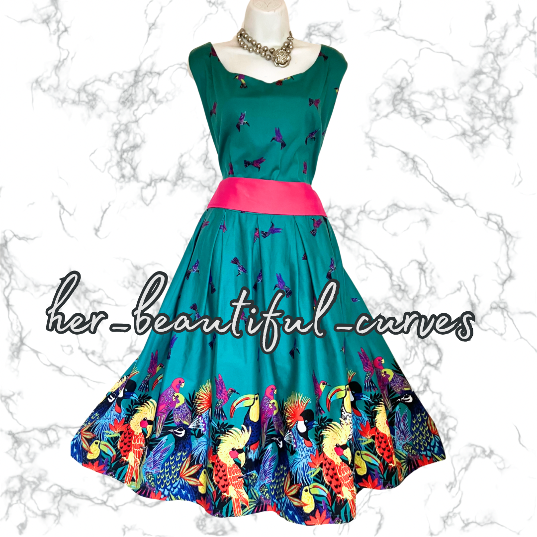LINDY BOP TROPICAL BIRDS PATTERN 50s VINTAGE STYLE OCCASION PARTY DRESS SIZE 24