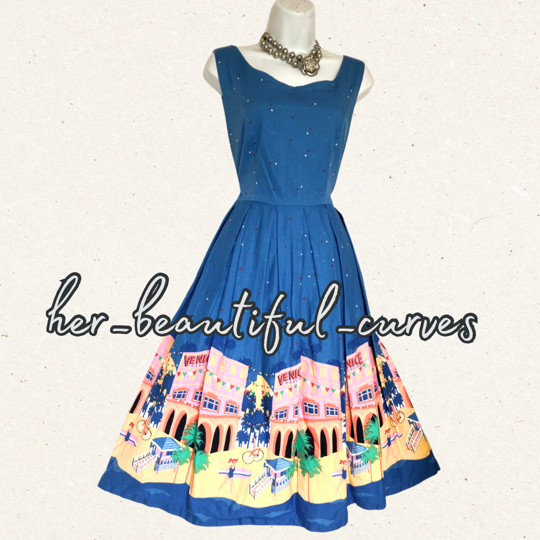 LINDY BOP VENICE BEACH PRINT 50s VINTAGE STYLE OCCASION PARTY DRESS SIZE 14