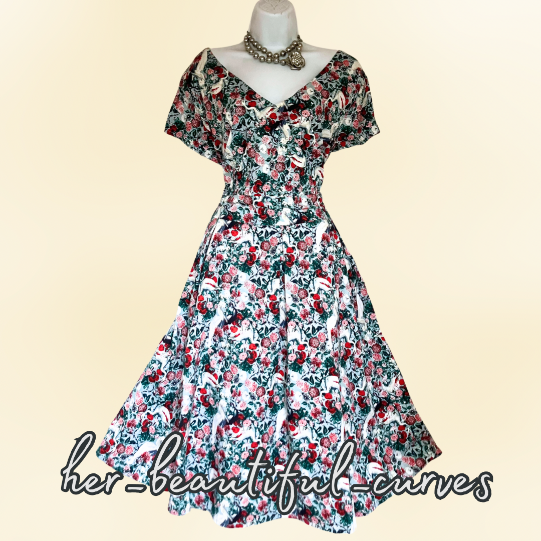 JOE BROWNS CRANE & FLORAL PRINT 50s FIT & FLARE PARTY DRESS SIZE 24