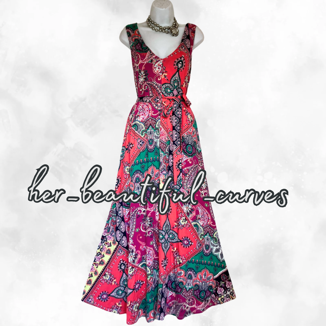 MINSOON PAISLEY HERITAGE JERSEY WEDDING OCCASION PARTY DRESS SIZE L fits 16/18