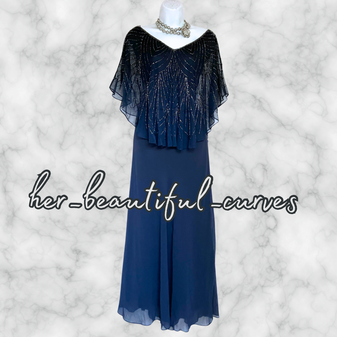 NIGHTINGALES NAVY BEADED WEDDING OCCASION EVENING PARTY DRESS SIZE 22