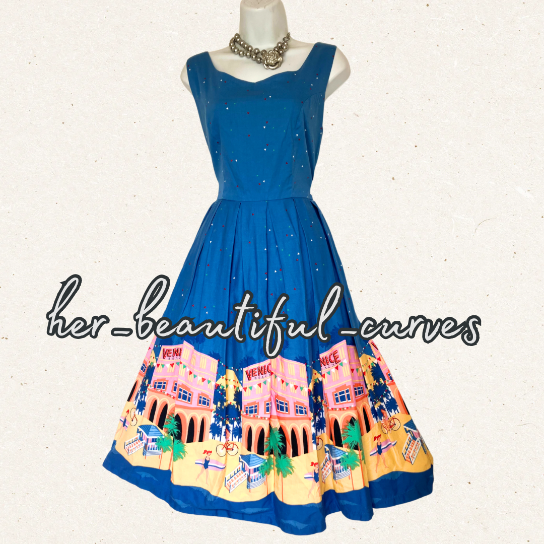 LINDY BOP VENICE BEACH PRINT 50s VINTAGE STYLE OCCASION PARTY DRESS SIZE 14