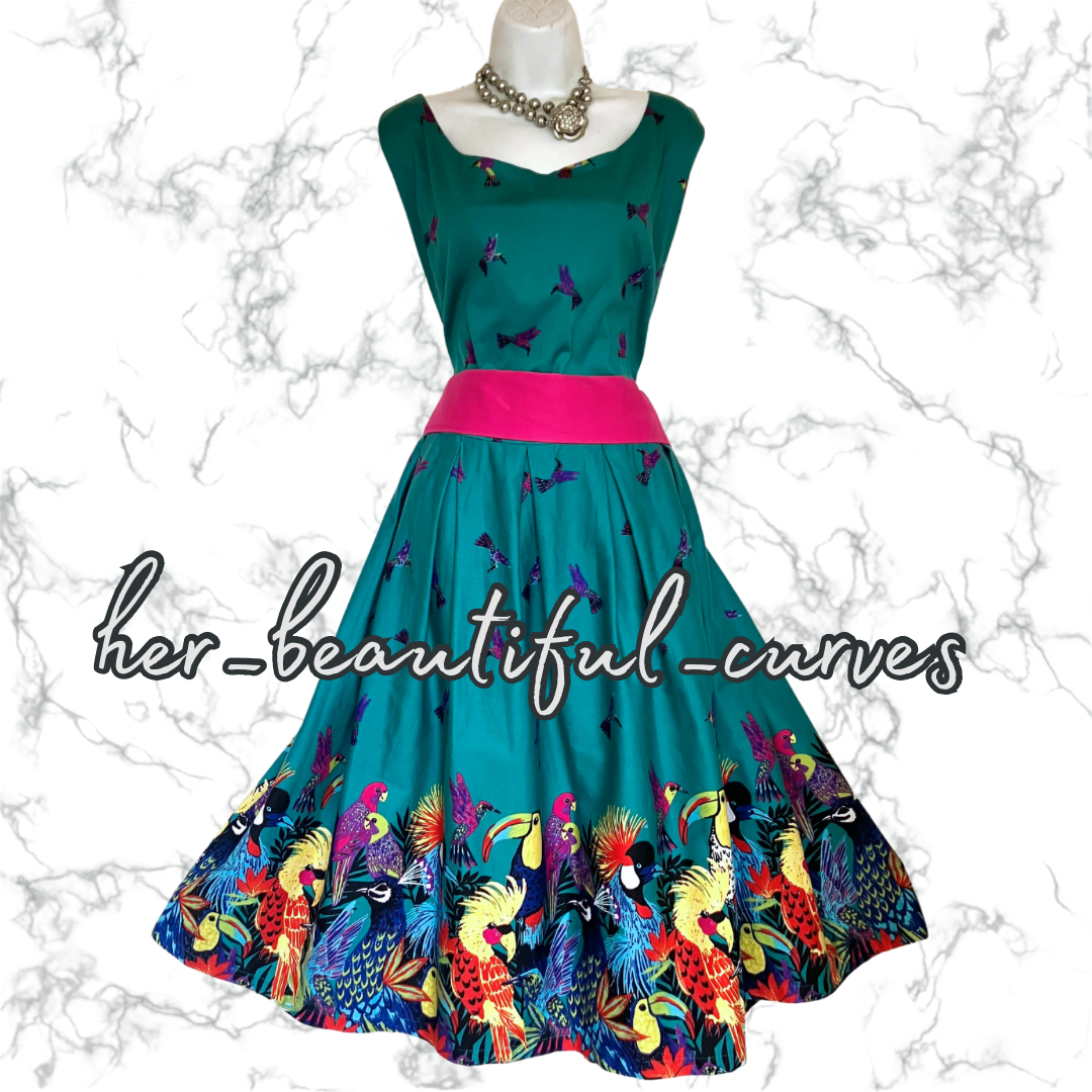 LINDY BOP TROPICAL BIRDS PATTERN 50s VINTAGE STYLE OCCASION PARTY DRESS SIZE 24