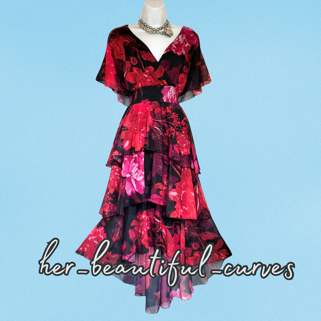 QUIZ FLORAL PRINT SHIMMERING THREADS TIERED WEDDING OCCASION PARTY DRESS SIZE 18