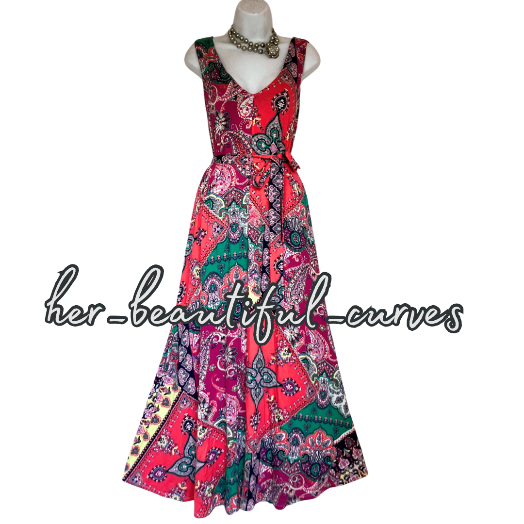 MINSOON PAISLEY HERITAGE JERSEY WEDDING OCCASION PARTY DRESS SIZE L fits 16/18