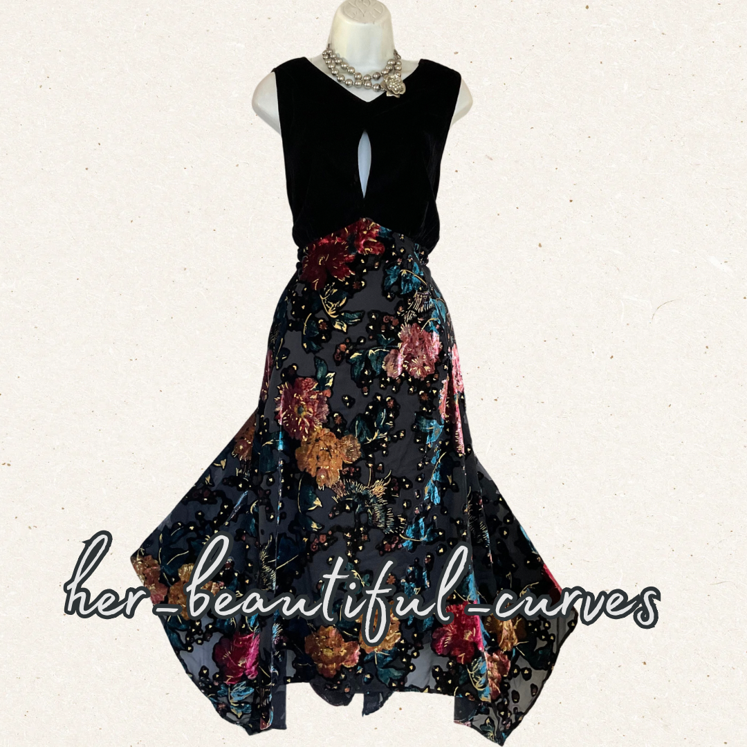 MONSOON VELVET JACQUARD FLORAL HANDKERCHIEF HEM OCCASION PARTY DRESS SIZE 20