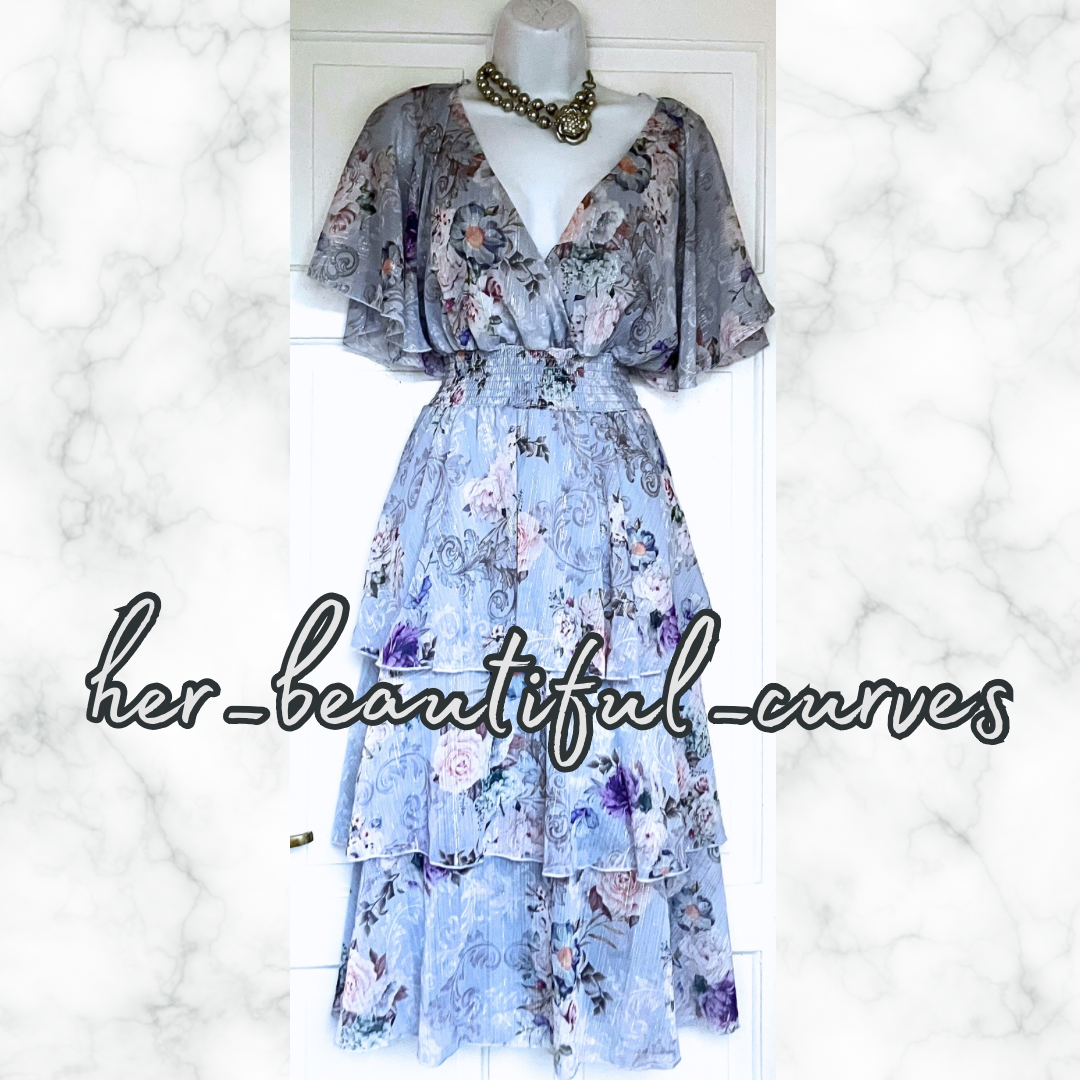 QUIZ FLORAL PRINT GLITTERING THREADS TIERED MIDI OCCASION PARTY DRESS SIZE 14