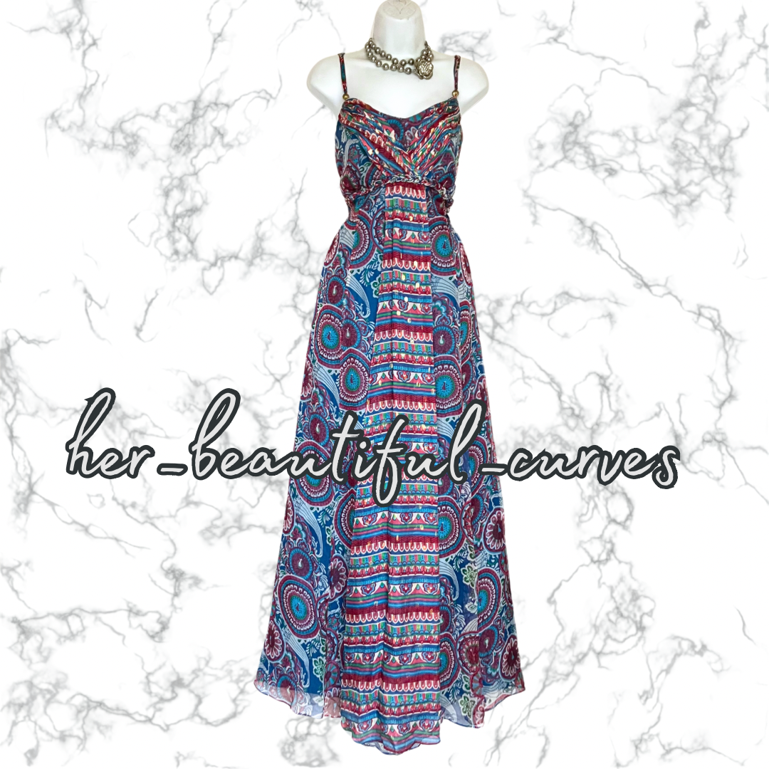 MONSOON ART DECO PEACOCK PRINT MAXI OCCASION PARTY DRESS SIZE 16 fits 14