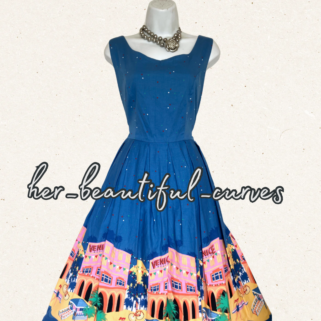 LINDY BOP VENICE BEACH PRINT 50s VINTAGE STYLE OCCASION PARTY DRESS SIZE 14