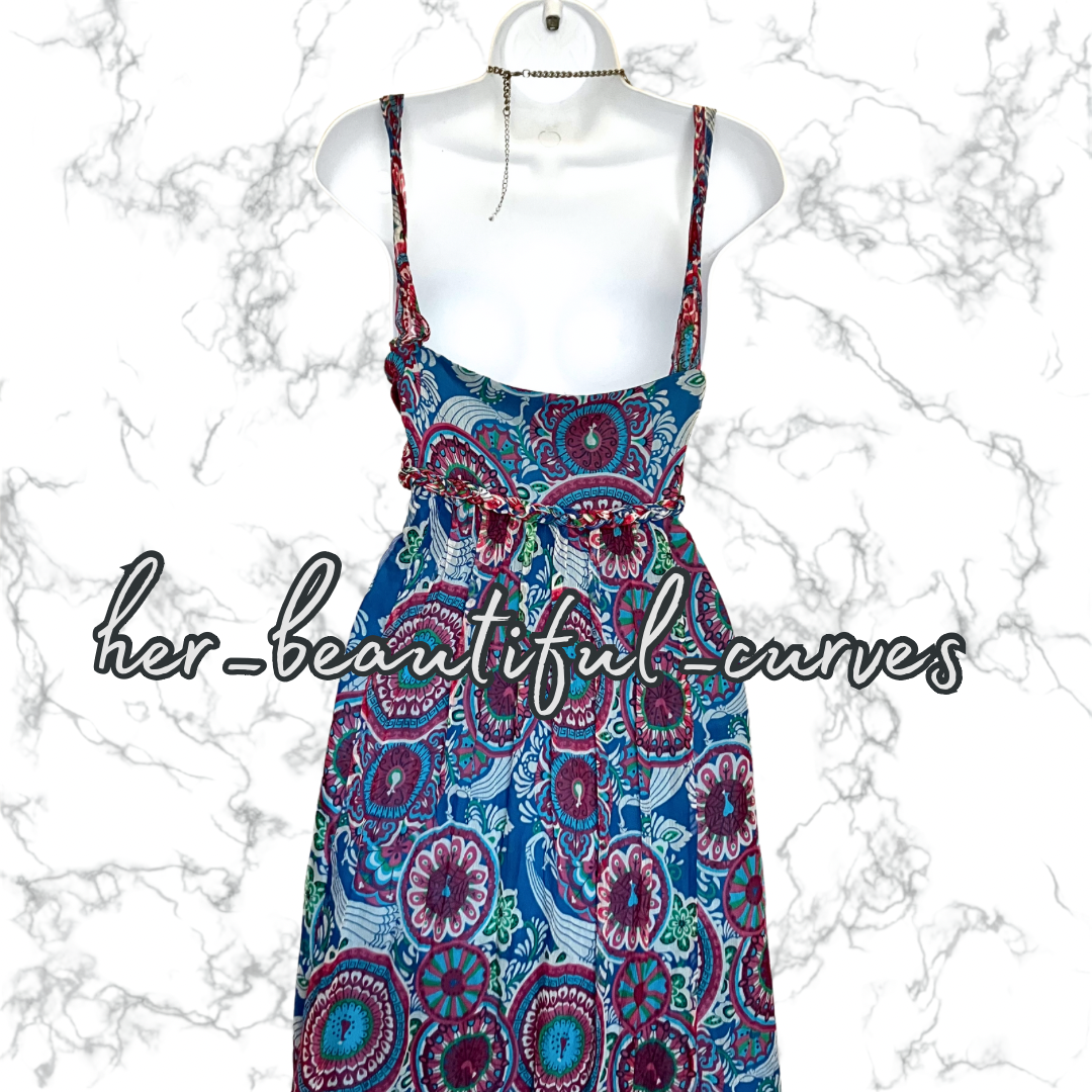 MONSOON ART DECO PEACOCK PRINT MAXI OCCASION PARTY DRESS SIZE 16 fits 14