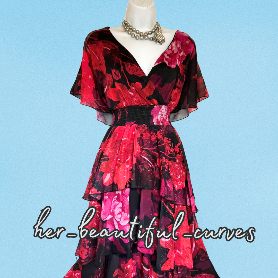 QUIZ FLORAL PRINT SHIMMERING THREADS TIERED WEDDING OCCASION PARTY DRESS SIZE 18