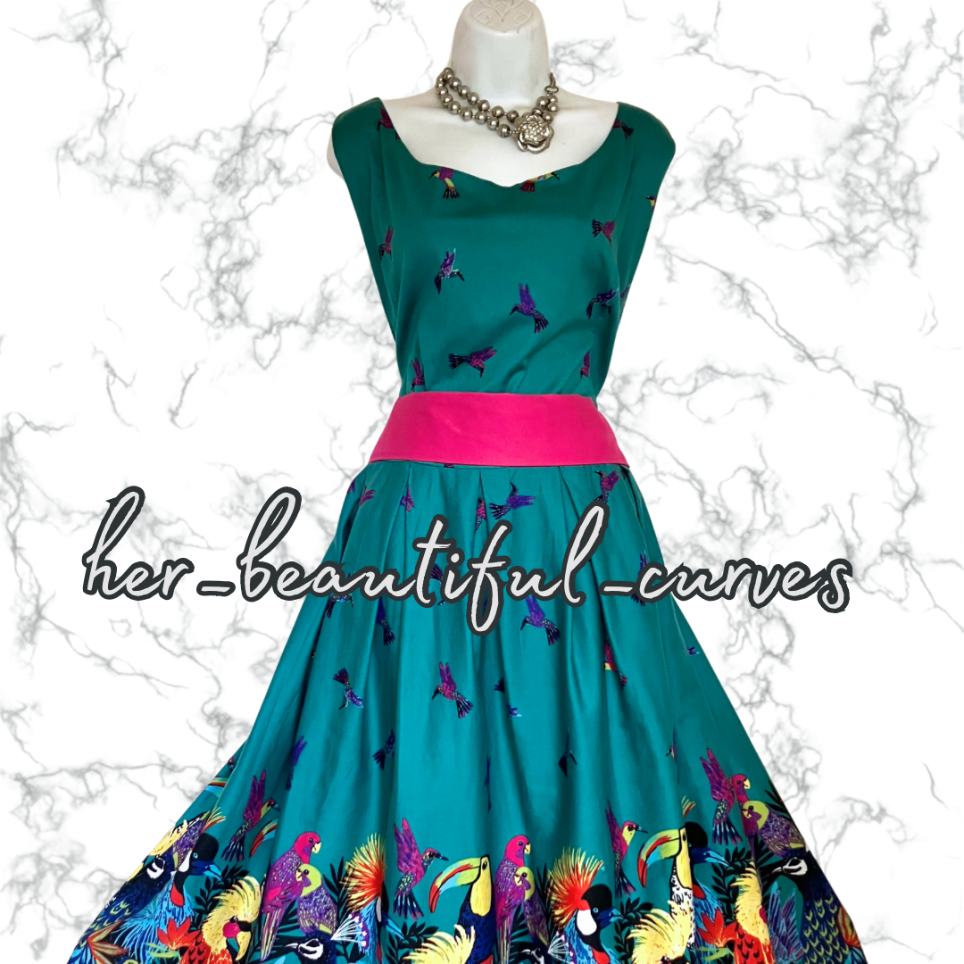 LINDY BOP TROPICAL BIRDS PATTERN 50s VINTAGE STYLE OCCASION PARTY DRESS SIZE 24