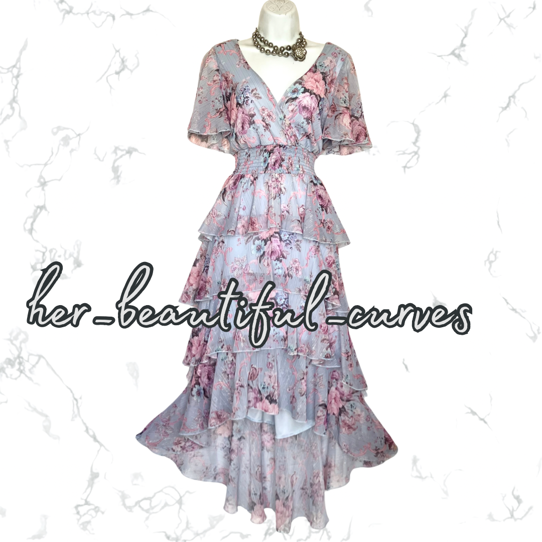 QUIZ FLORAL PRINT TIERED HI LOW PARTY DRESS SIZE 14