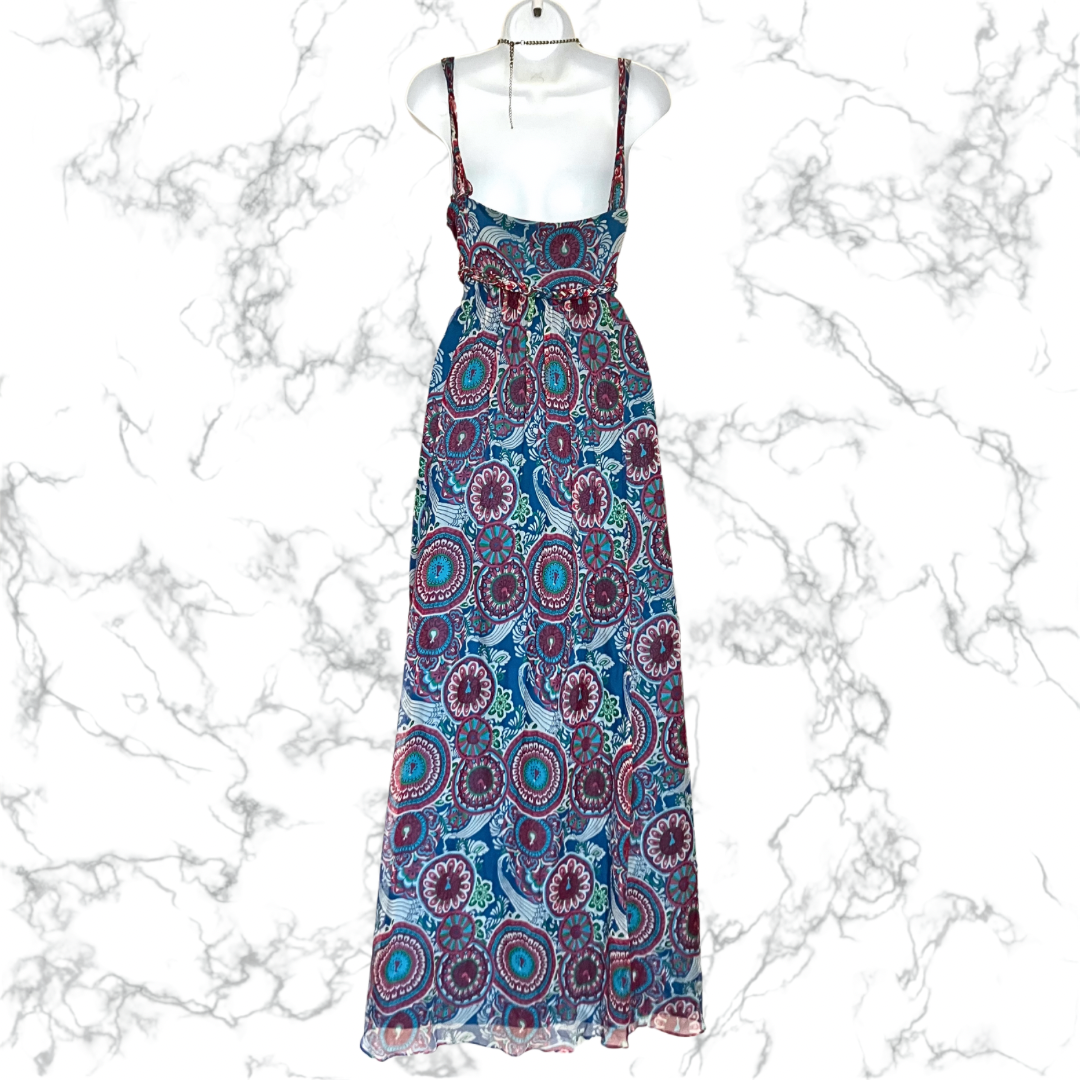 MONSOON ART DECO PEACOCK PRINT MAXI OCCASION PARTY DRESS SIZE 16 fits 14