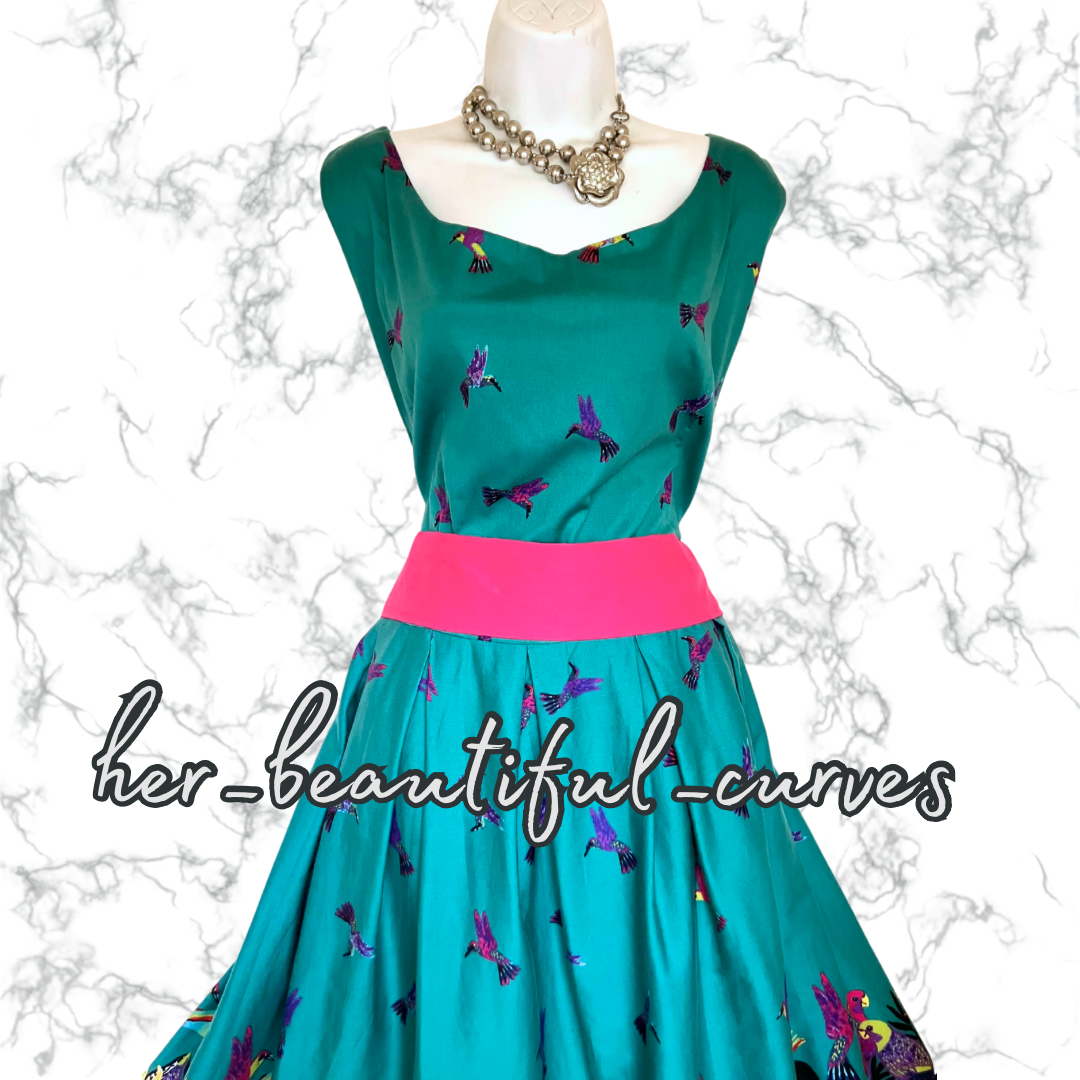 LINDY BOP TROPICAL BIRDS PATTERN 50s VINTAGE STYLE OCCASION PARTY DRESS SIZE 24