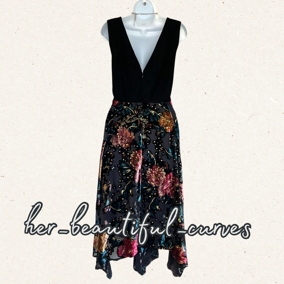 MONSOON VELVET JACQUARD FLORAL HANDKERCHIEF HEM OCCASION PARTY DRESS SIZE 20