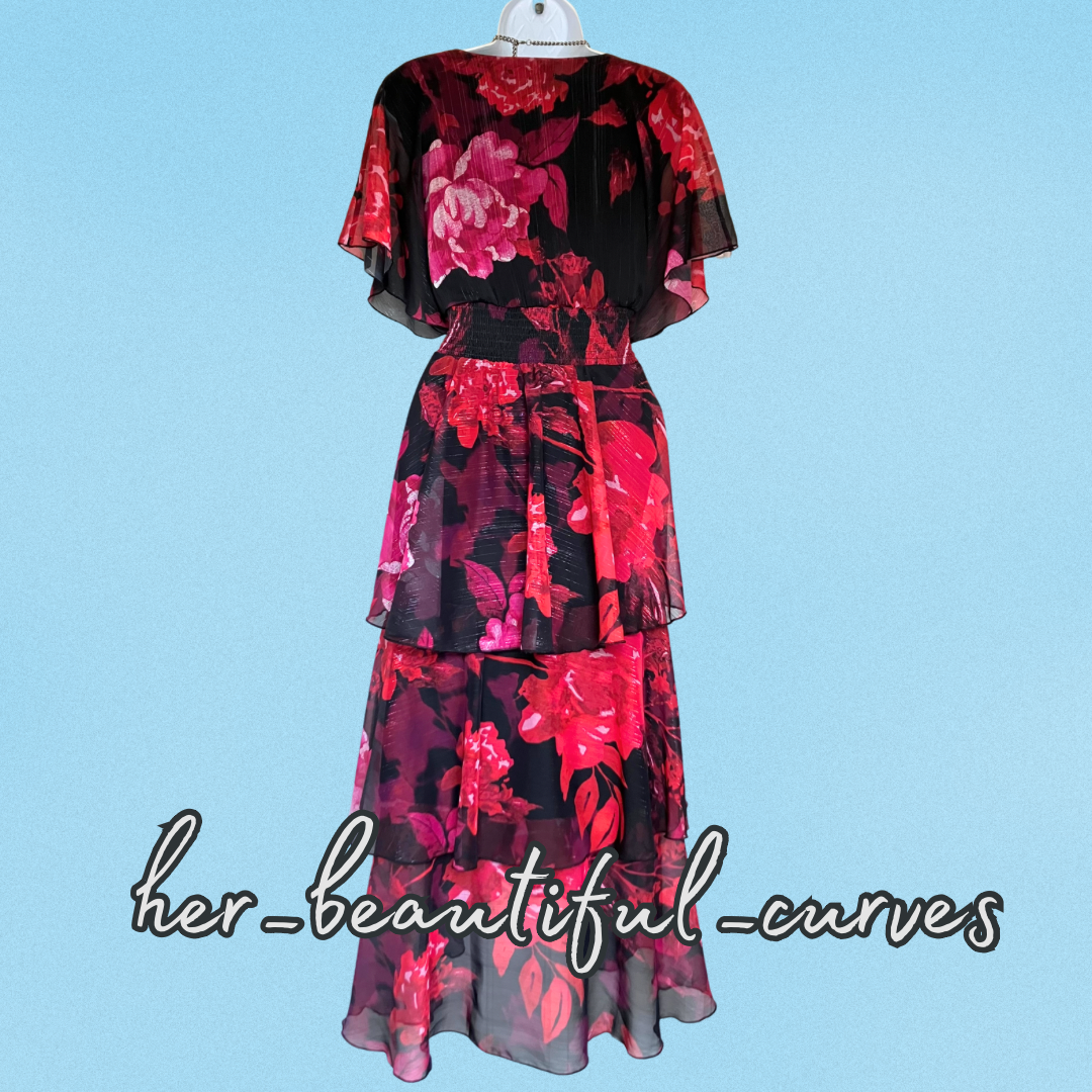 QUIZ FLORAL PRINT SHIMMERING THREADS TIERED WEDDING OCCASION PARTY DRESS SIZE 18