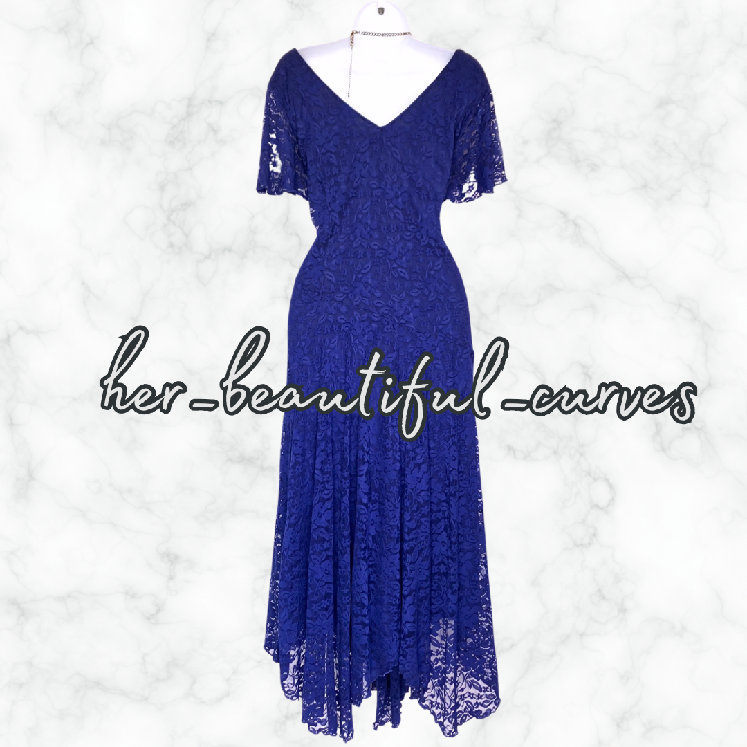 JOANNA HOPE BLUE EMBROIDERED LACE HANDKERCHIEF HEM OCCASION PARTY DRESS SIZE 20