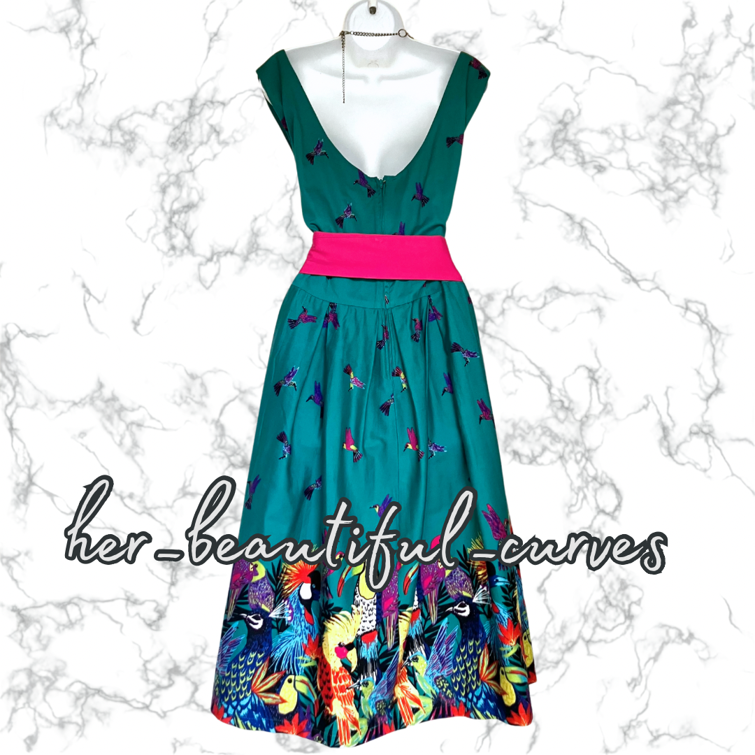 LINDY BOP TROPICAL BIRDS PATTERN 50s VINTAGE STYLE OCCASION PARTY DRESS SIZE 24