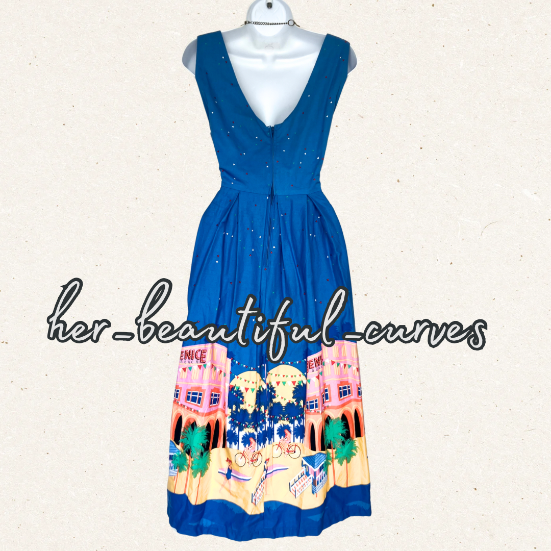 LINDY BOP VENICE BEACH PRINT 50s VINTAGE STYLE OCCASION PARTY DRESS SIZE 14