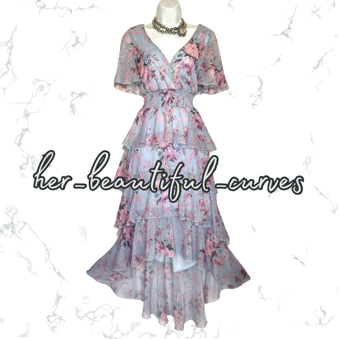 QUIZ FLORAL PRINT TIERED HI LOW PARTY DRESS SIZE 14