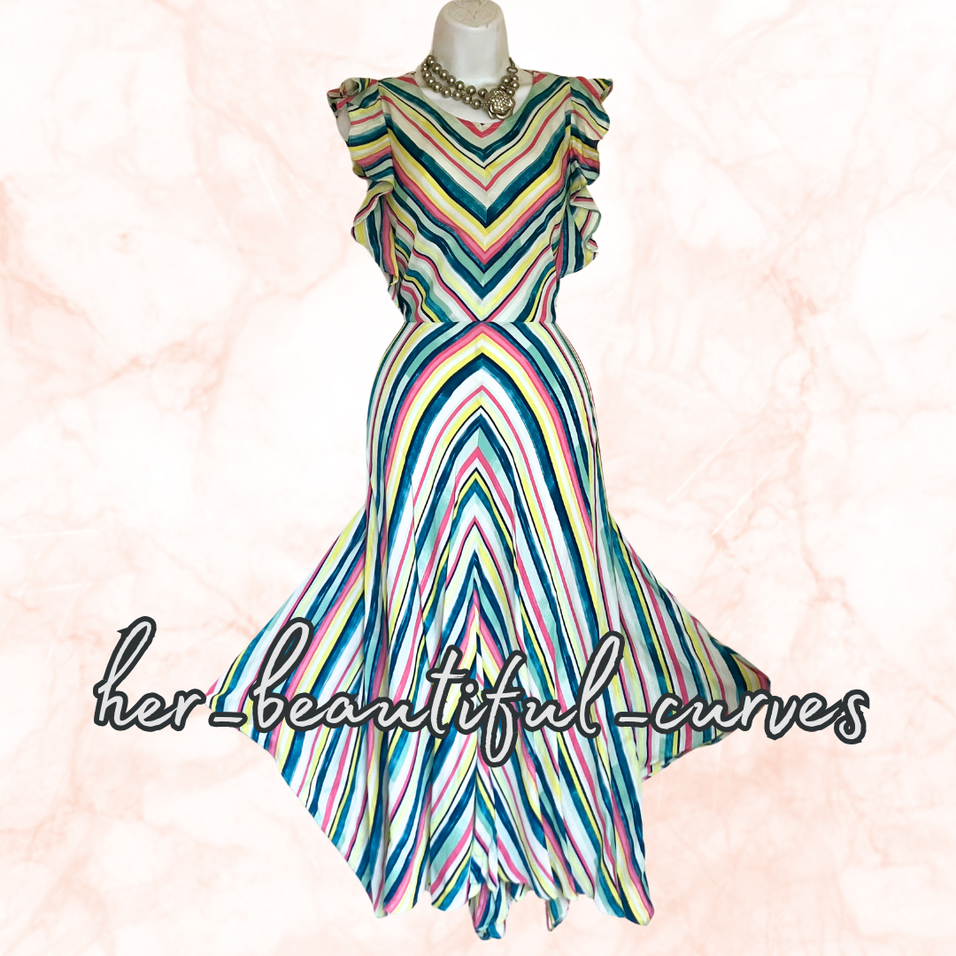 MONSOON STRIPES PRINT MIDI HANDKERCHIEF HEM WEDDING OCCASION PARTY DRESS SIZE 18
