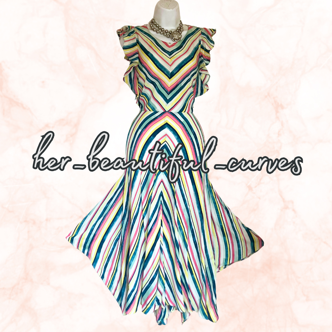 MONSOON STRIPES PRINT MIDI HANDKERCHIEF HEM WEDDING OCCASION PARTY DRESS SIZE 18