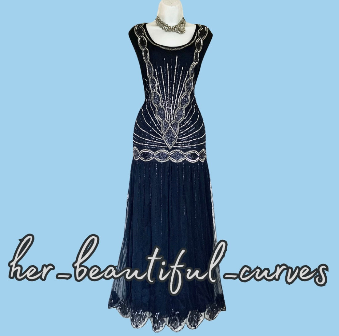 JOANNA HOPE NAVY 20s GATSBY SEQUINS BEADES EVENING OCCASION PARTY DRESS SIZE 24