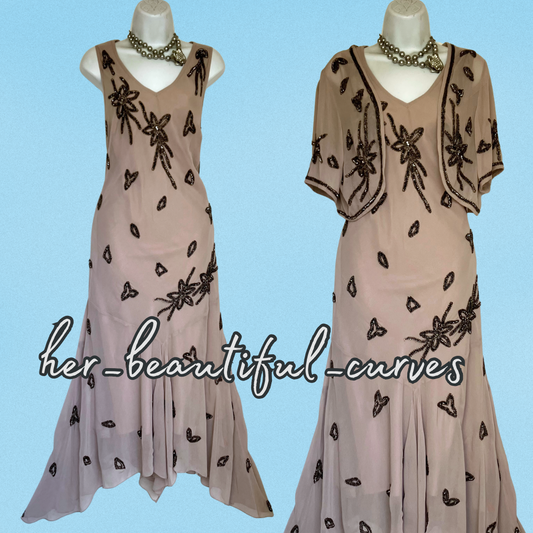 BERKERTEX SEQUINED BEADED FLORAL HANDKERCHIEF HEM DRESS & BOLERO SIZE 16 new