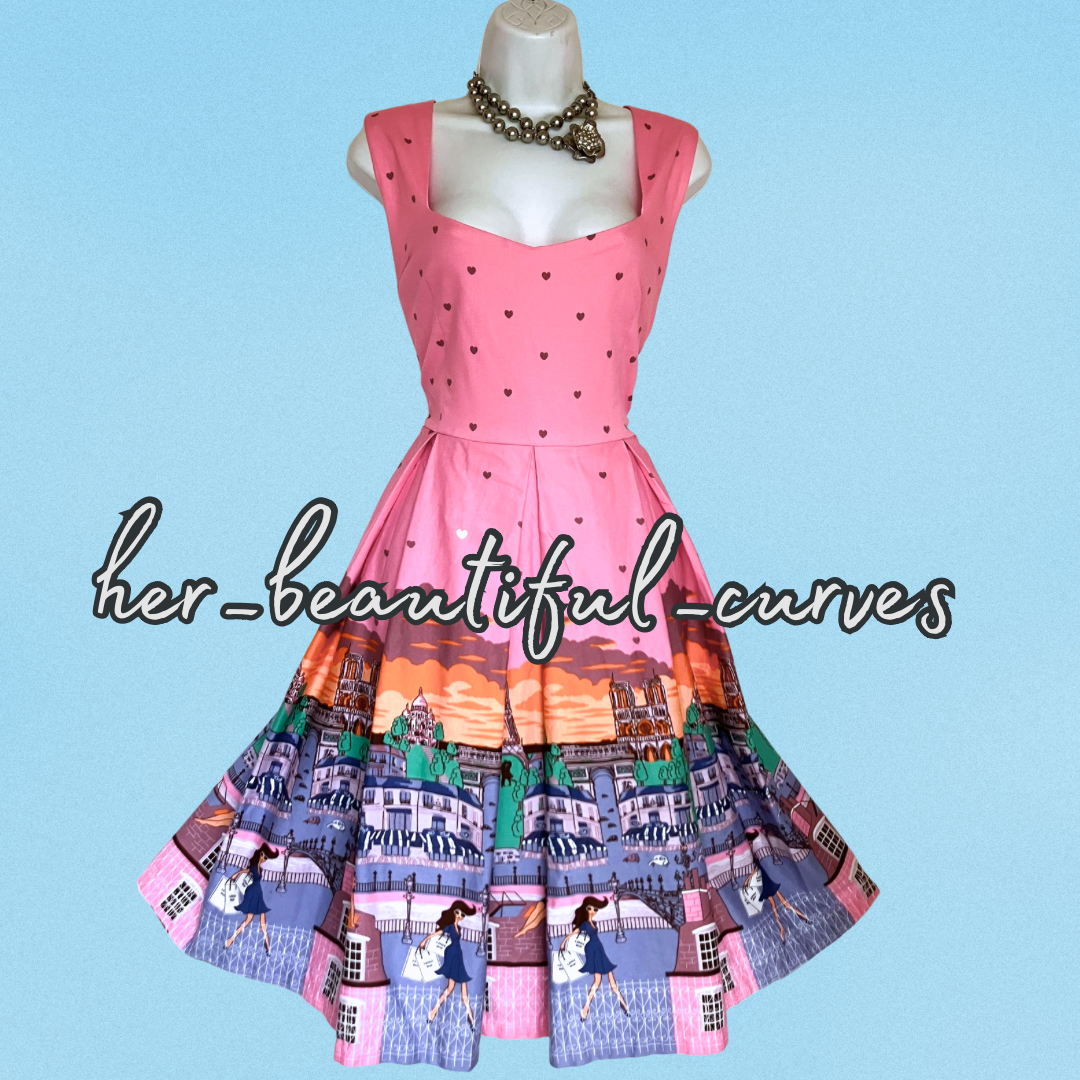 LINDY BOP PINK PARIS PRINT VINTAGE STYLE OCCASION PARTY DRESS SIZE 18 fits 16