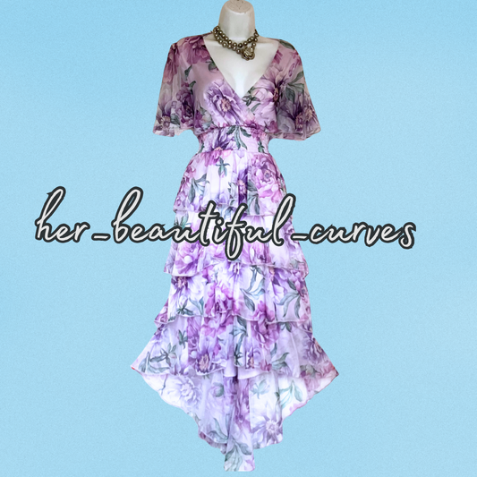 QUIZ FLORAL PRINT TIERED HI LOW PARTY DRESS SIZE 14