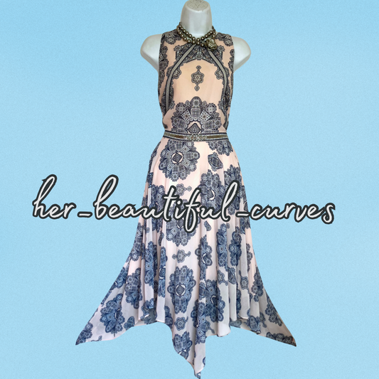 MONSOON HERITAGE PRINT HANDKERCHIEF HEM OCCASION PARTY DRESS SIZE 16