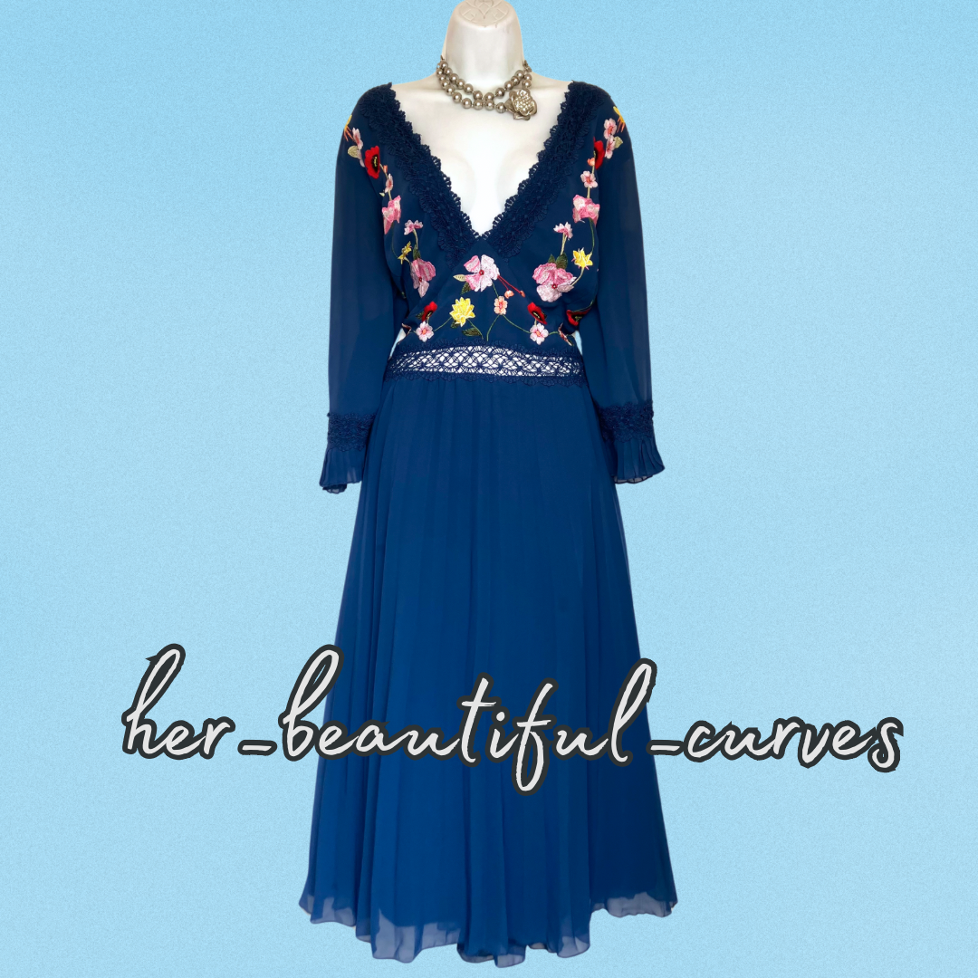 ASOS EMBROIDERED FLORAL PLEATED MIDI OCCASION PARTY DRESS SIZE 24