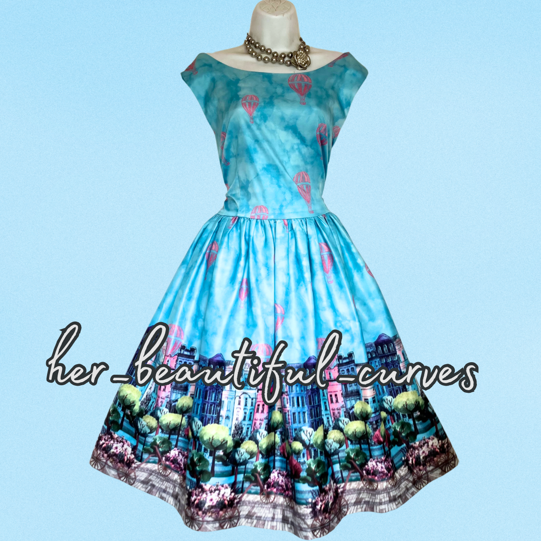 LINDY BOP BLUE PARISIAN PATTERN VINTAGE STYLE OCCASION PARTY DRESS SIZE 18